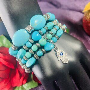 One-Of-A-Kind Evil Eye Charm, Magnesite, Acrylic & Pewter Bead Bracelet Set